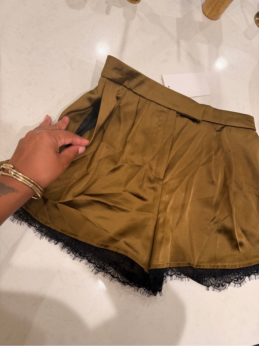 Zara Olive Satin Lace Trim Shorts - Picture 3 of 4